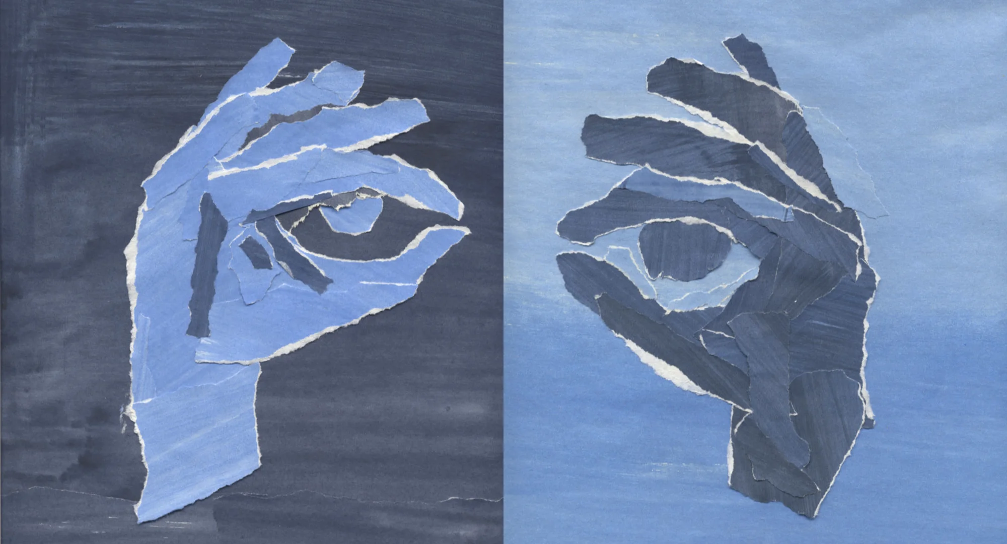 twee handen die ogen vormen, collage met gescheurd papier